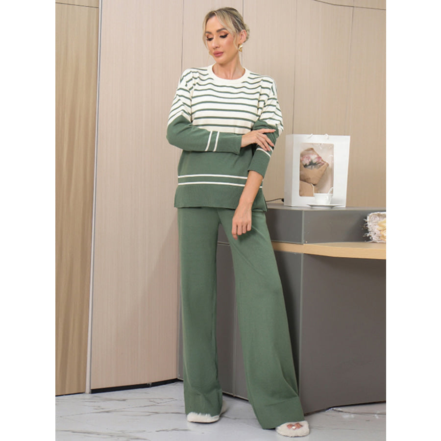 Basic Bae Striped Round Neck Long Sleeve Top and Pants Sweater Set Dark Green / One Size Apparel and Accessories