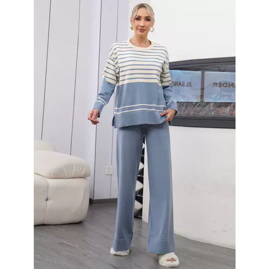 Basic Bae Striped Round Neck Long Sleeve Top and Pants Sweater Set Dusty Blue / One Size Apparel and Accessories