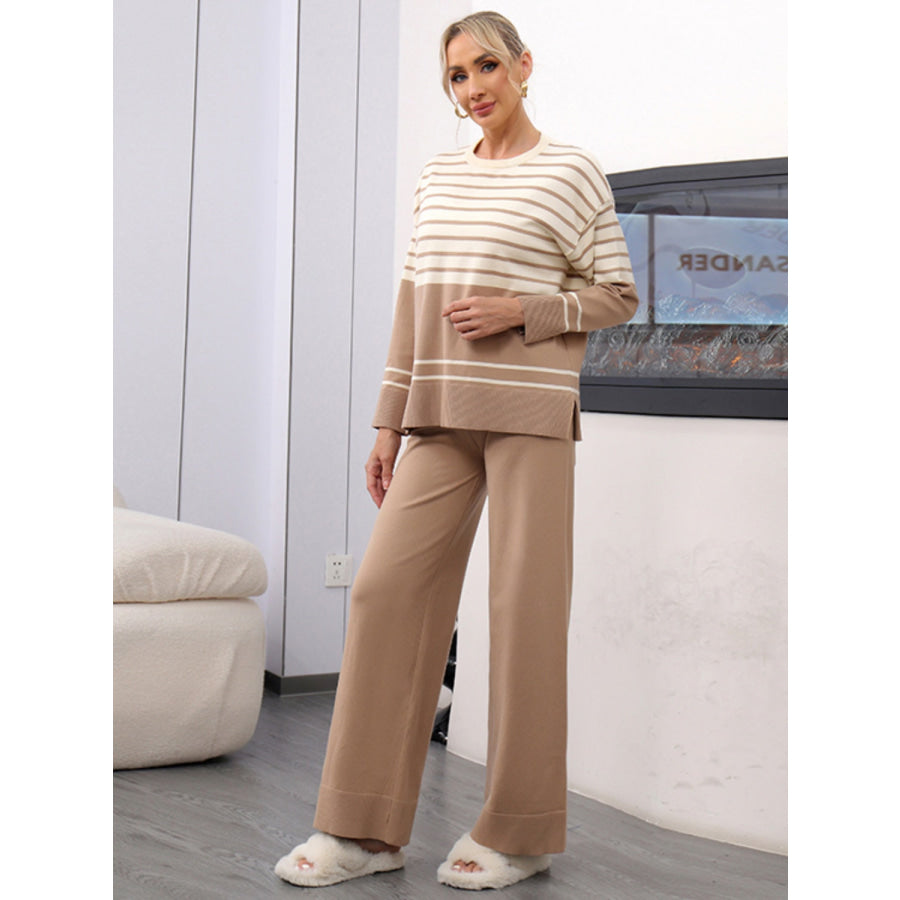 Basic Bae Striped Round Neck Long Sleeve Top and Pants Sweater Set Khaki / One Size Apparel and Accessories