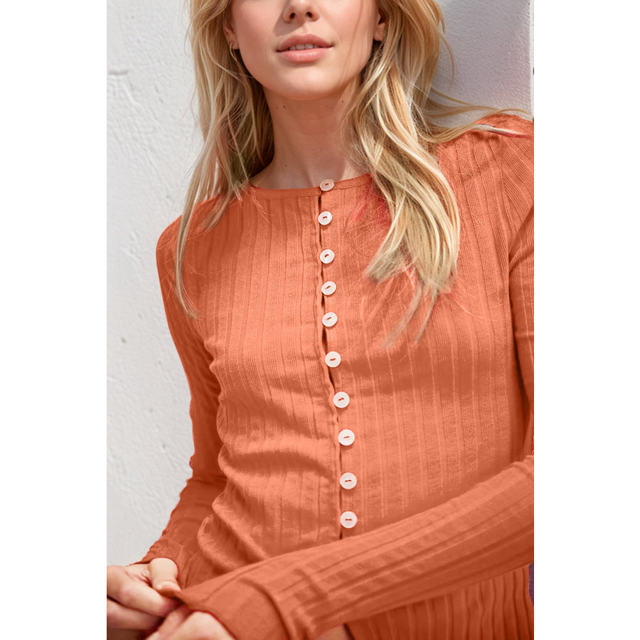 Basic Bae Texture Button Up Round Neck Long Sleeve Top Apparel and Accessories