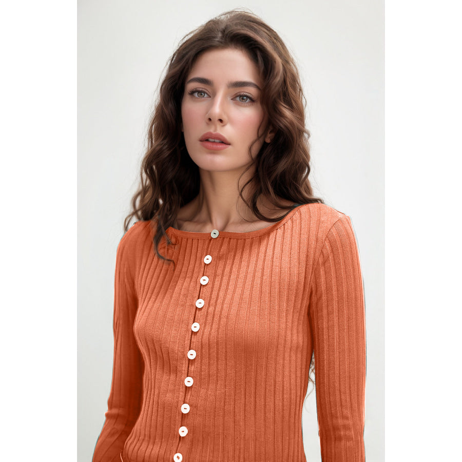 Basic Bae Texture Button Up Round Neck Long Sleeve Top Apparel and Accessories