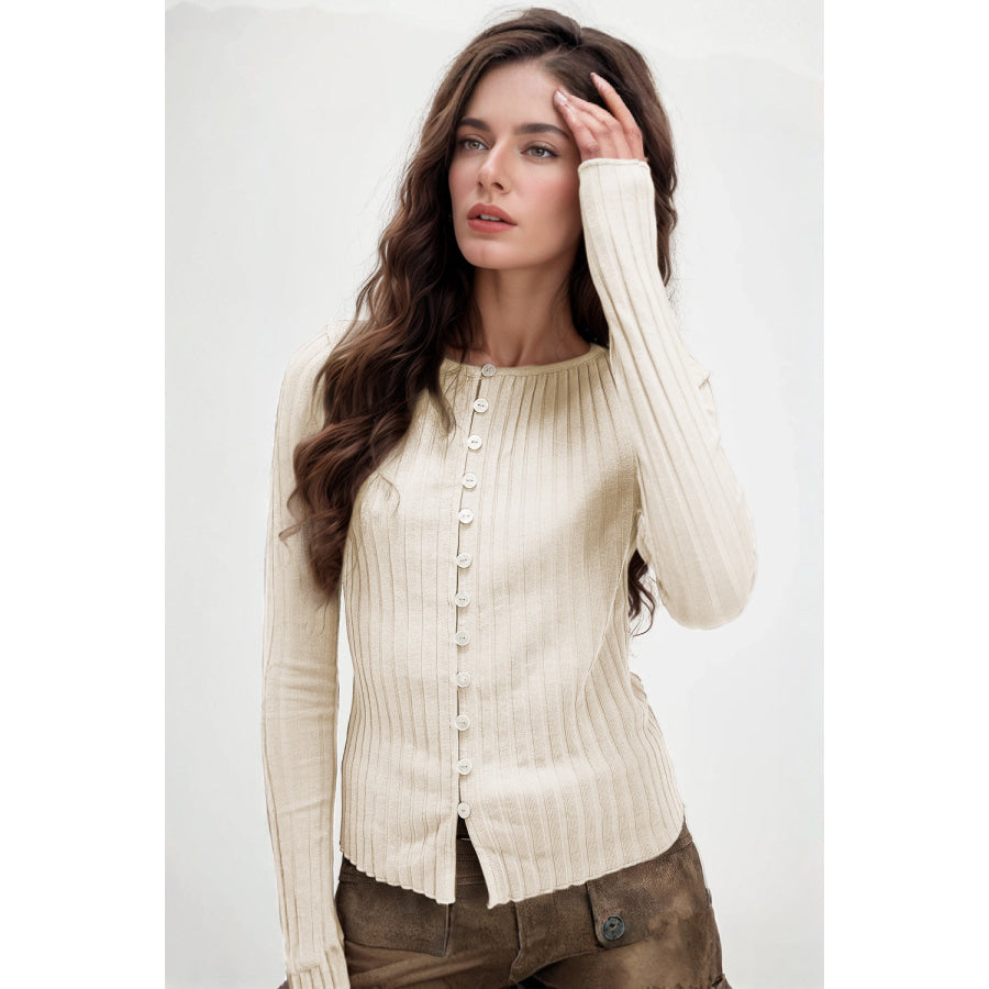 Basic Bae Texture Button Up Round Neck Long Sleeve Top Beige / S Apparel and Accessories