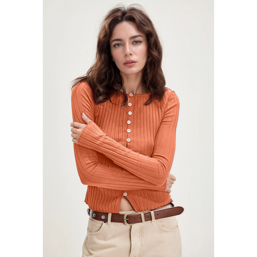 Basic Bae Texture Button Up Round Neck Long Sleeve Top Orange / S Apparel and Accessories