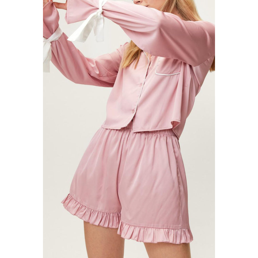 Basic Bae Tied Cuff Collared Neck Top and Frill Shorts Lounge Set Apparel and Accessories