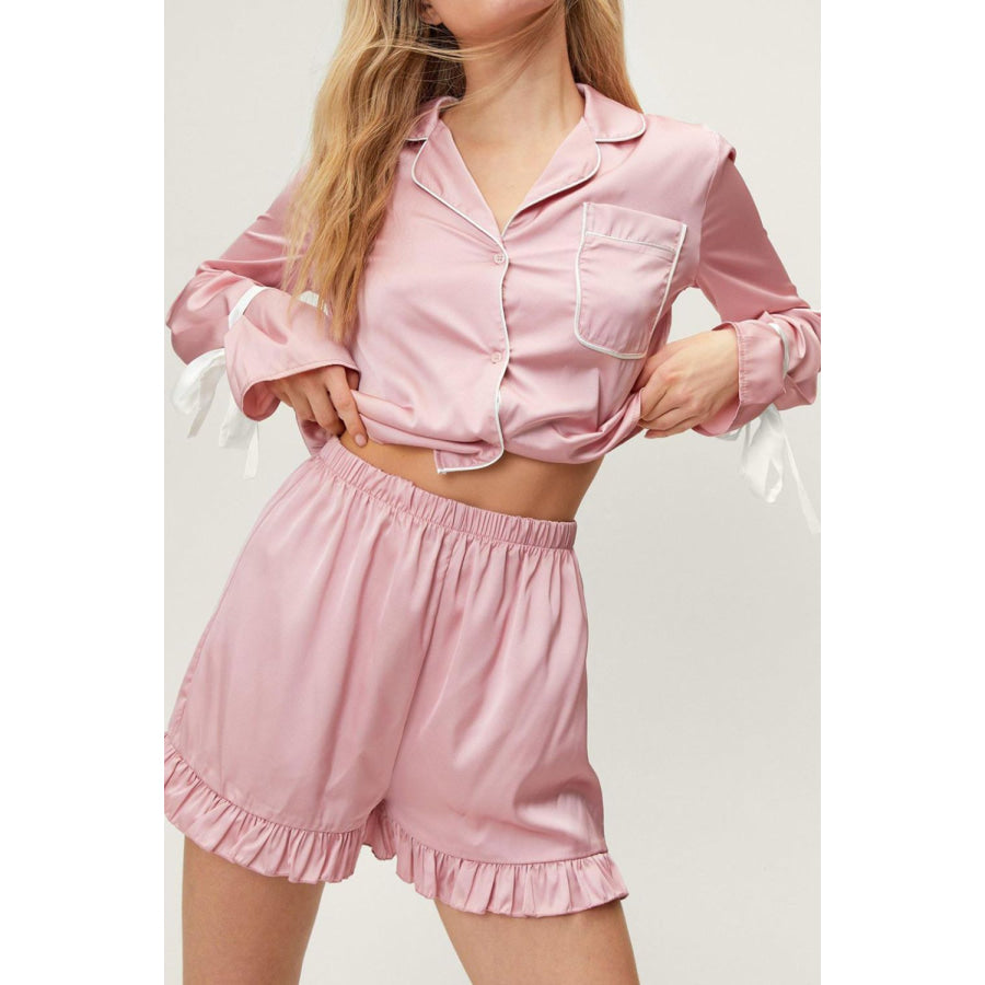 Basic Bae Tied Cuff Collared Neck Top and Frill Shorts Lounge Set Blush Pink / S Apparel and Accessories