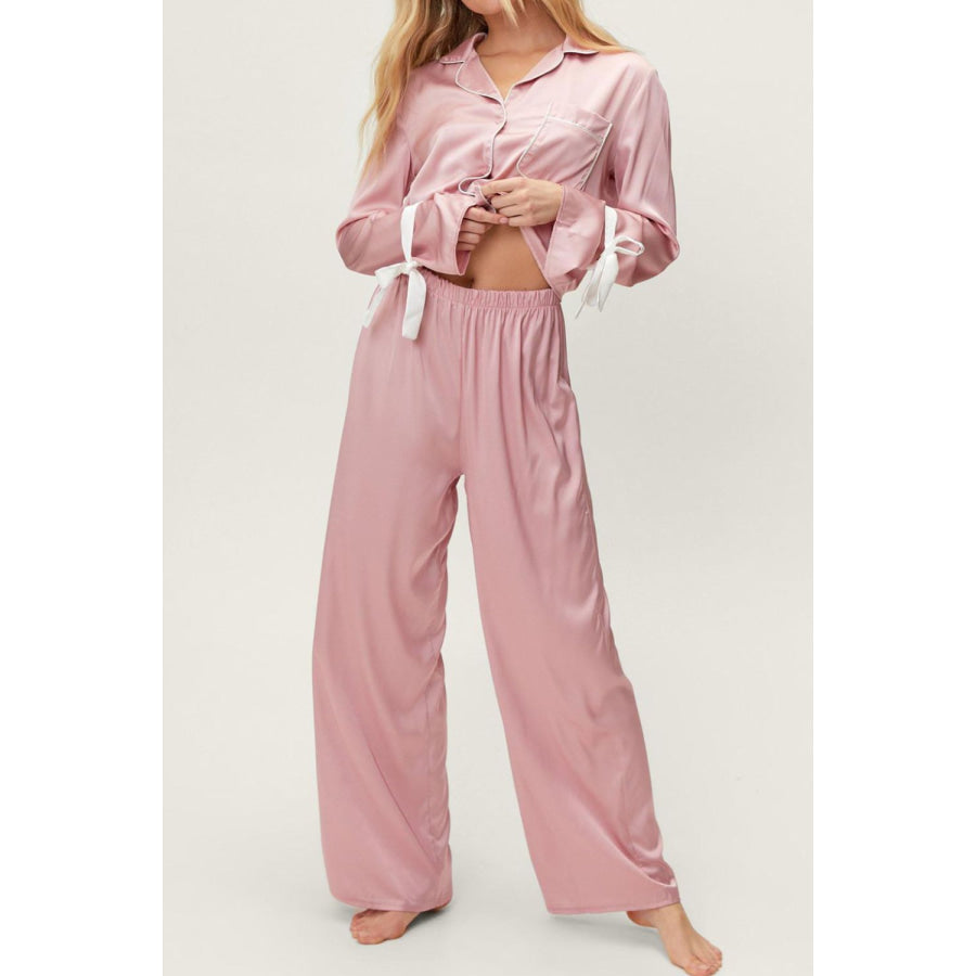 Basic Bae Tied Cuff Collared Neck Top and Pants Lounge Set Blush Pink / S Apparel and Accessories