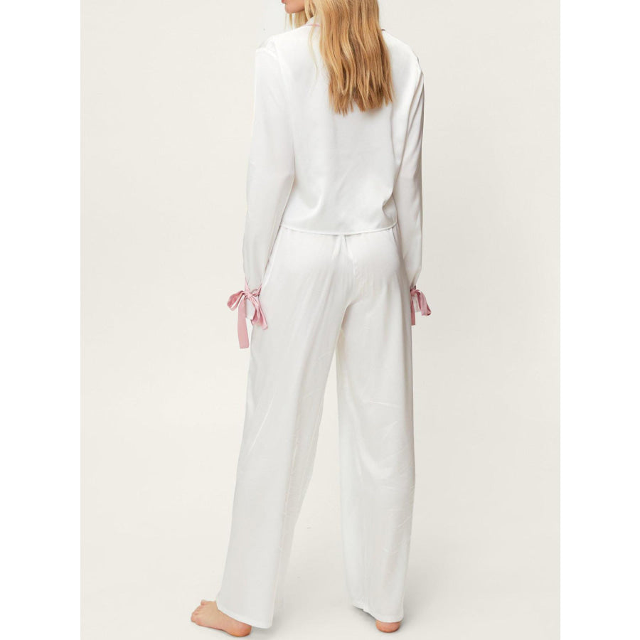 Basic Bae Tied Cuff Collared Neck Top and Pants Lounge Set White / S Apparel and Accessories