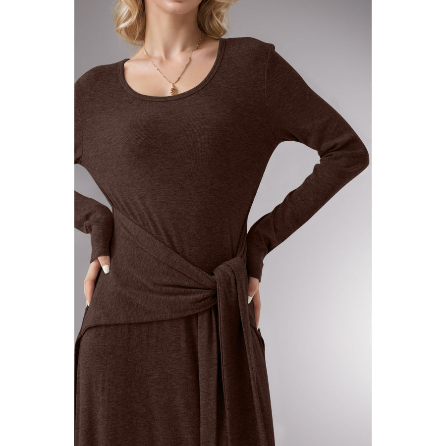 Basic Bae Tied Scoop Neck Long Sleeve Maxi Dress Dark Brown / S Apparel and Accessories