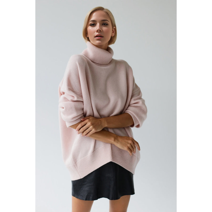 Basic Bae Turtleneck Dropped Shoulder Long Sleeve Sweater Blush Pink / One Size Apparel and Accessories