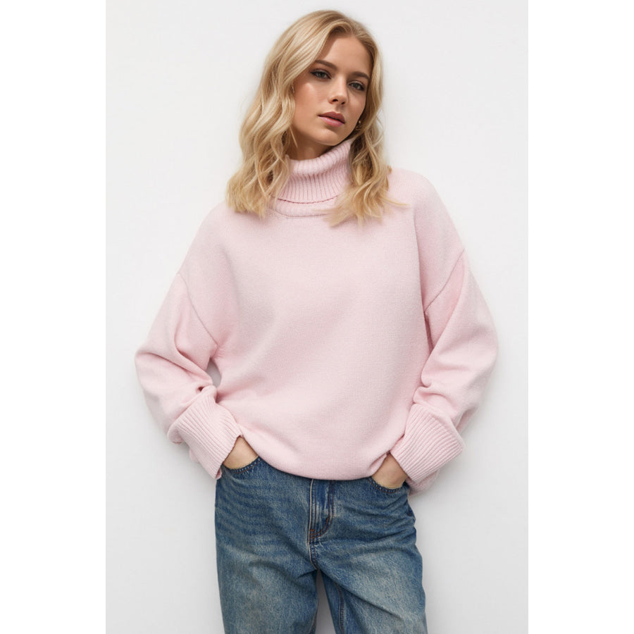 Basic Bae Turtleneck Dropped Shoulder Long Sleeve Sweater Blush Pink / One Size Apparel and Accessories