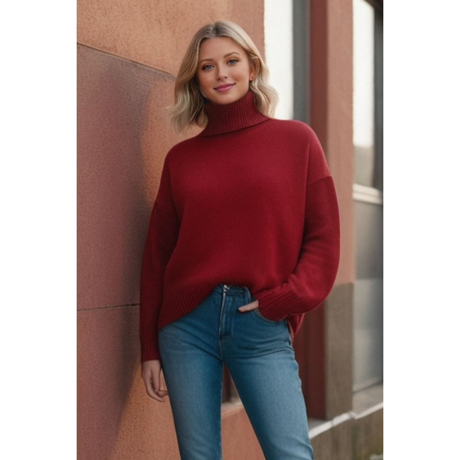 Basic Bae Turtleneck Dropped Shoulder Long Sleeve Sweater Burgundy / One Size Apparel and Accessories