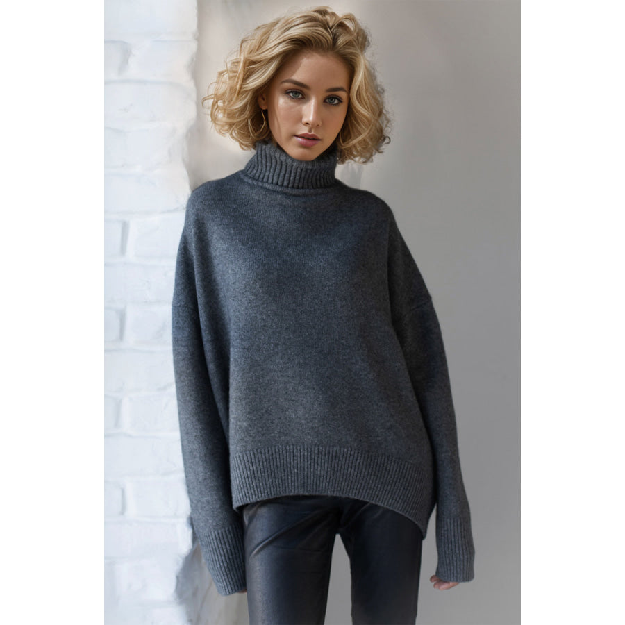 Basic Bae Turtleneck Dropped Shoulder Long Sleeve Sweater Dark Gray / One Size Apparel and Accessories