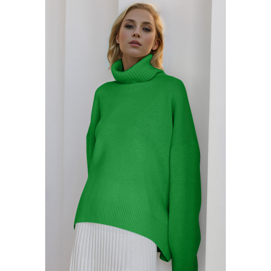 Basic Bae Turtleneck Dropped Shoulder Long Sleeve Sweater Green / One Size Apparel and Accessories