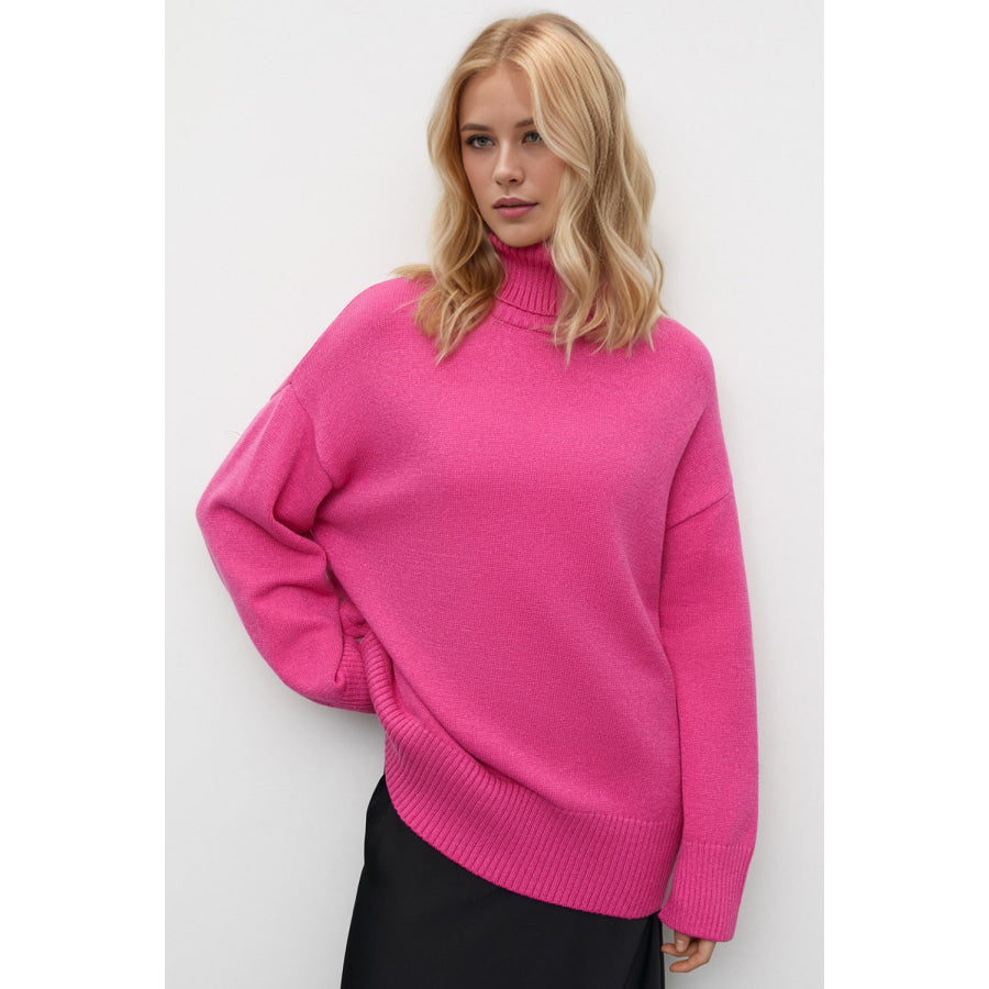 Basic Bae Turtleneck Dropped Shoulder Long Sleeve Sweater Hot Pink / One Size Apparel and Accessories