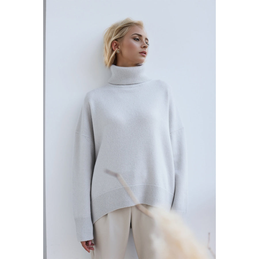 Basic Bae Turtleneck Dropped Shoulder Long Sleeve Sweater Light Gray / One Size Apparel and Accessories