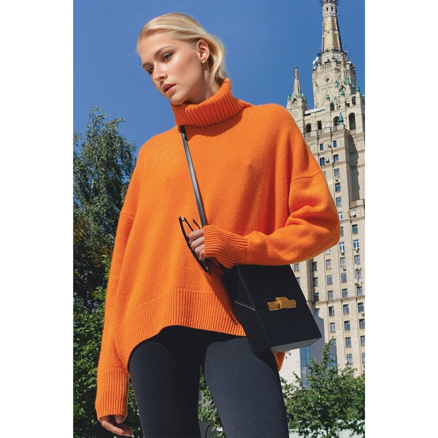 Basic Bae Turtleneck Dropped Shoulder Long Sleeve Sweater Orange / One Size Apparel and Accessories