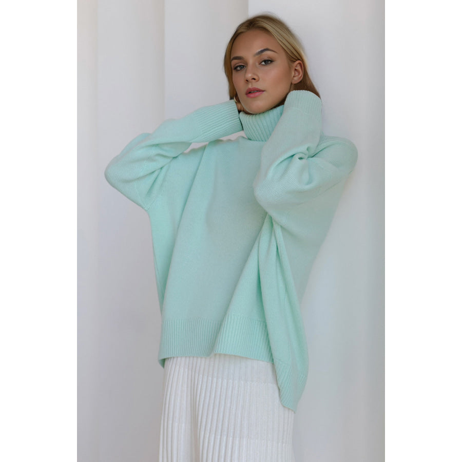 Basic Bae Turtleneck Dropped Shoulder Long Sleeve Sweater Pastel Blue / One Size Apparel and Accessories