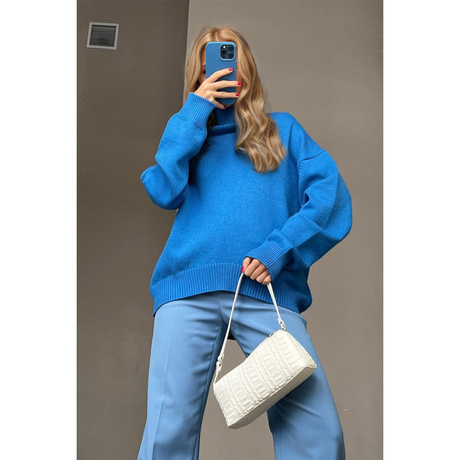 Basic Bae Turtleneck Dropped Shoulder Long Sleeve Sweater Royal Blue / One Size Apparel and Accessories