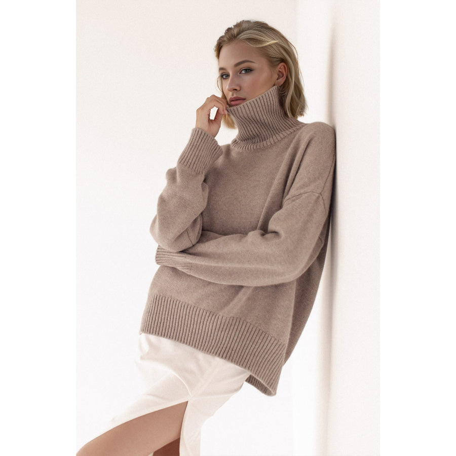 Basic Bae Turtleneck Dropped Shoulder Long Sleeve Sweater Taupe / One Size Apparel and Accessories