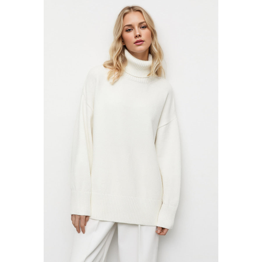 Basic Bae Turtleneck Dropped Shoulder Long Sleeve Sweater White / One Size Apparel and Accessories