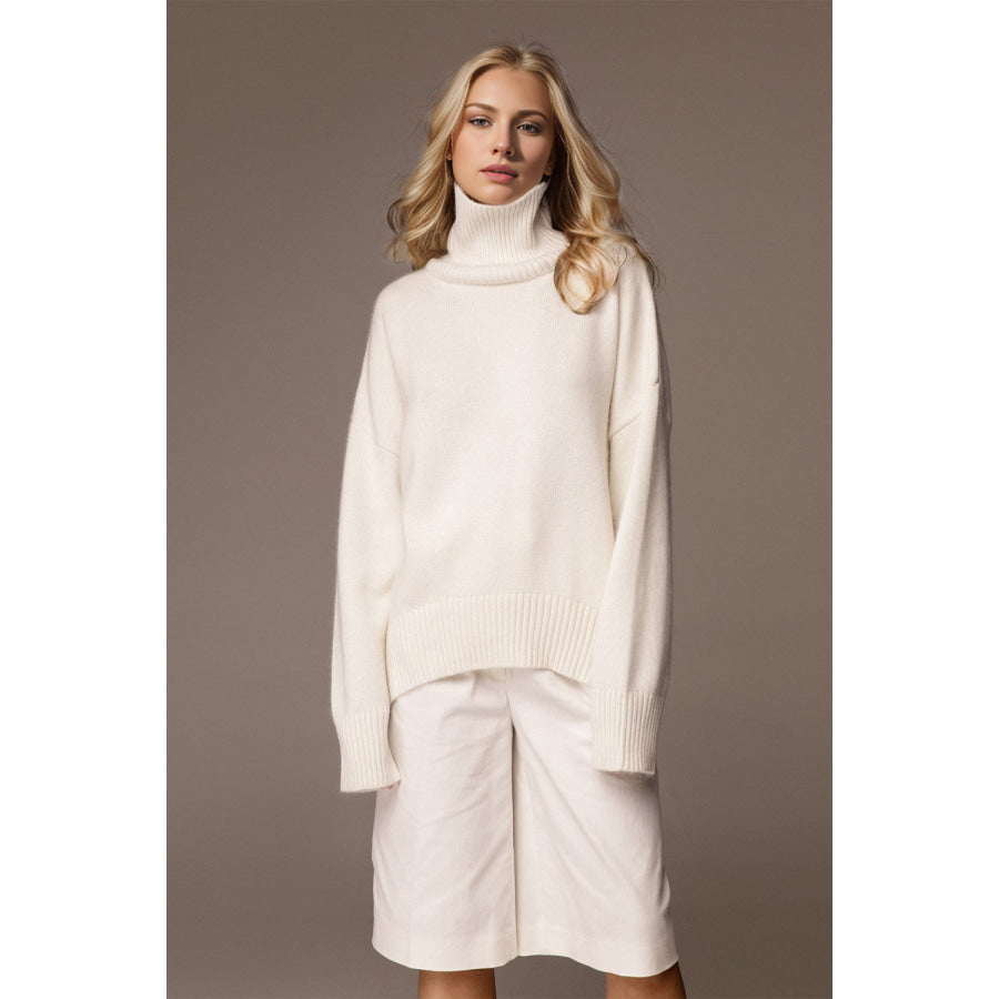 Basic Bae Turtleneck Dropped Shoulder Long Sleeve Sweater White / One Size Apparel and Accessories