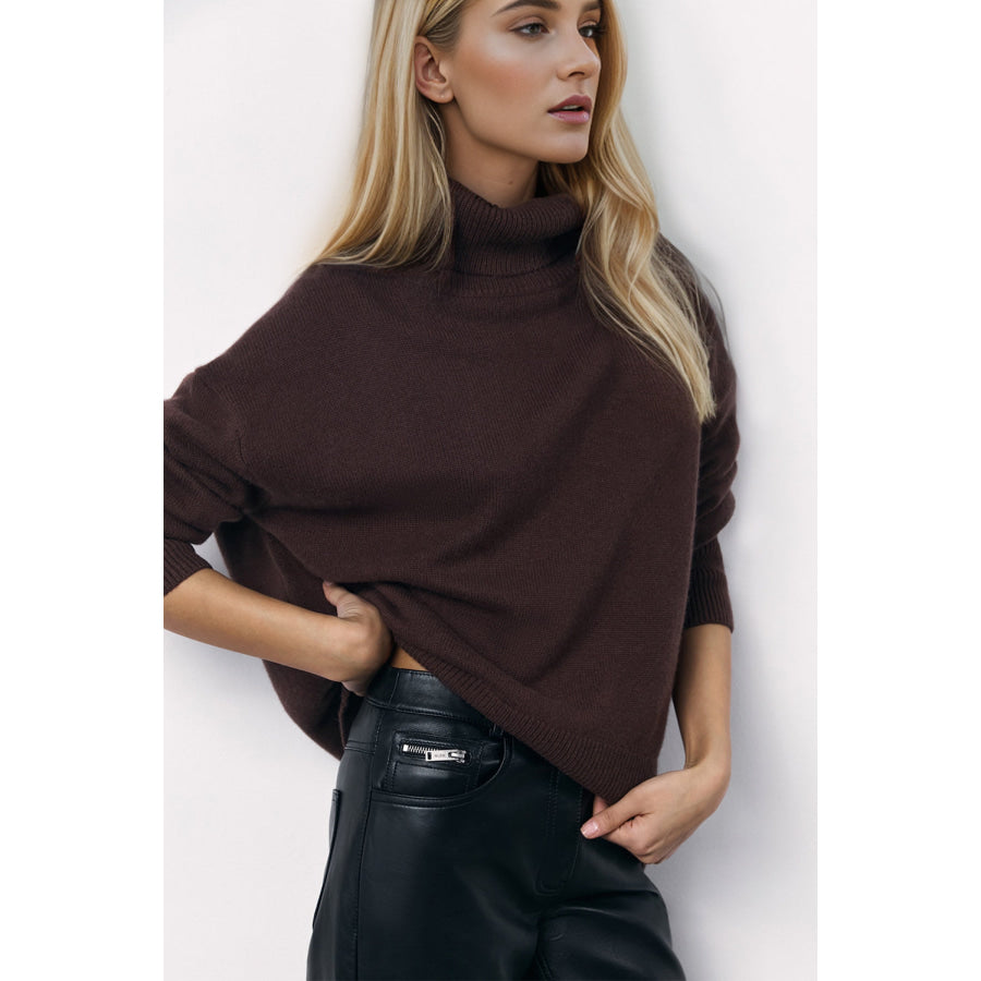 Basic Bae Turtleneck Long Sleeve Dropped Shoulder Sweater Chocolate / One Size Apparel and Accessories