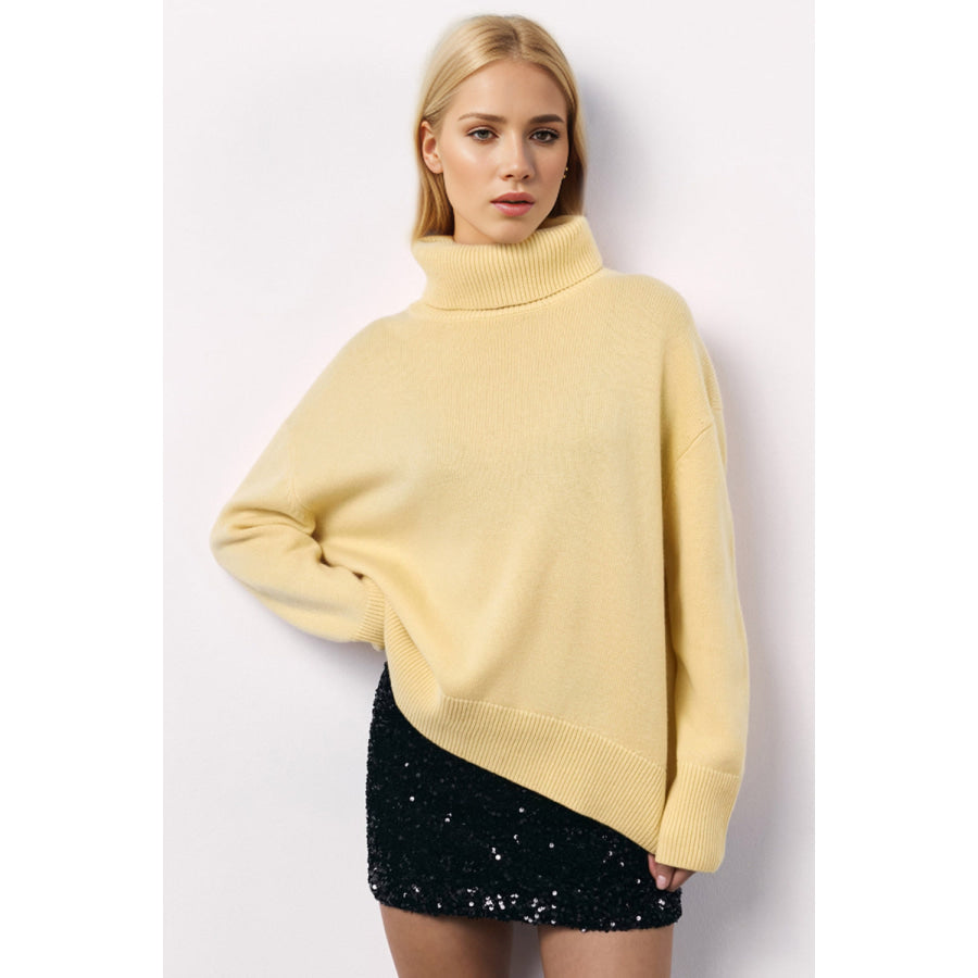 Basic Bae Turtleneck Long Sleeve Dropped Shoulder Sweater Pastel Yellow / One Size Apparel and Accessories