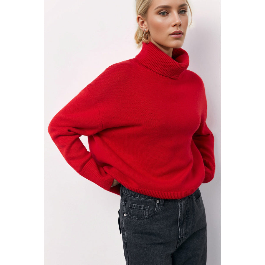 Basic Bae Turtleneck Long Sleeve Dropped Shoulder Sweater Scarlet / One Size Apparel and Accessories