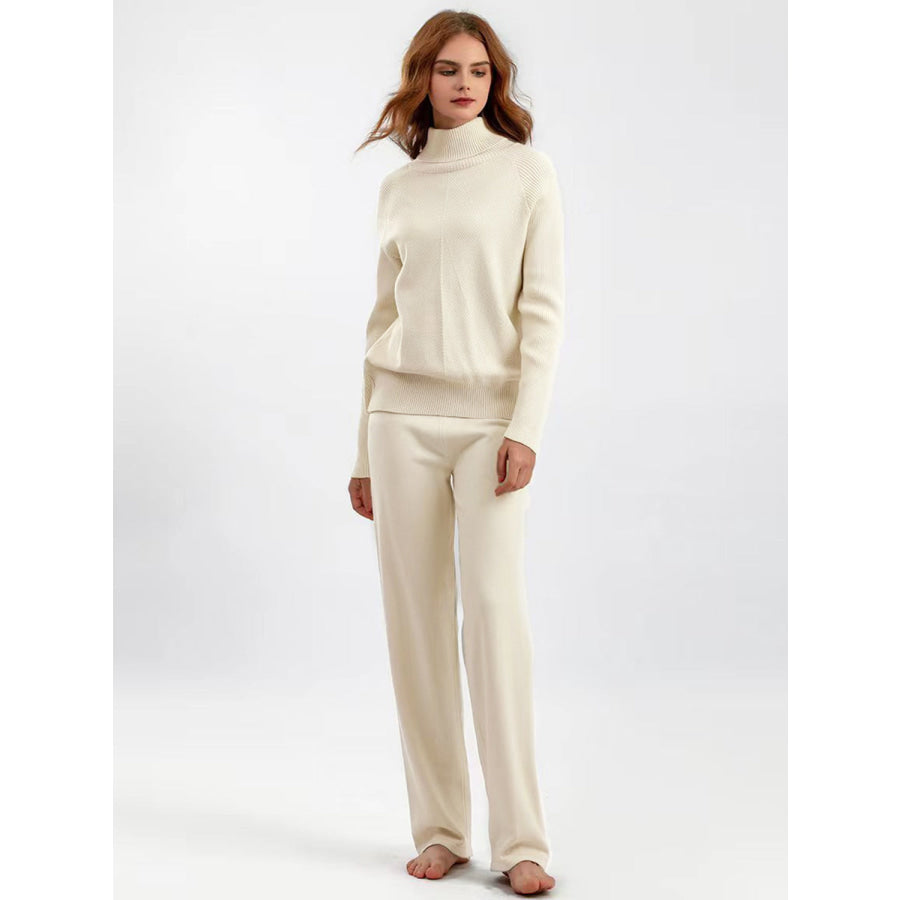 Basic Bae Turtleneck Raglan Sleeve Top and Pants Sweater Set Cream / One Size Apparel and Accessories