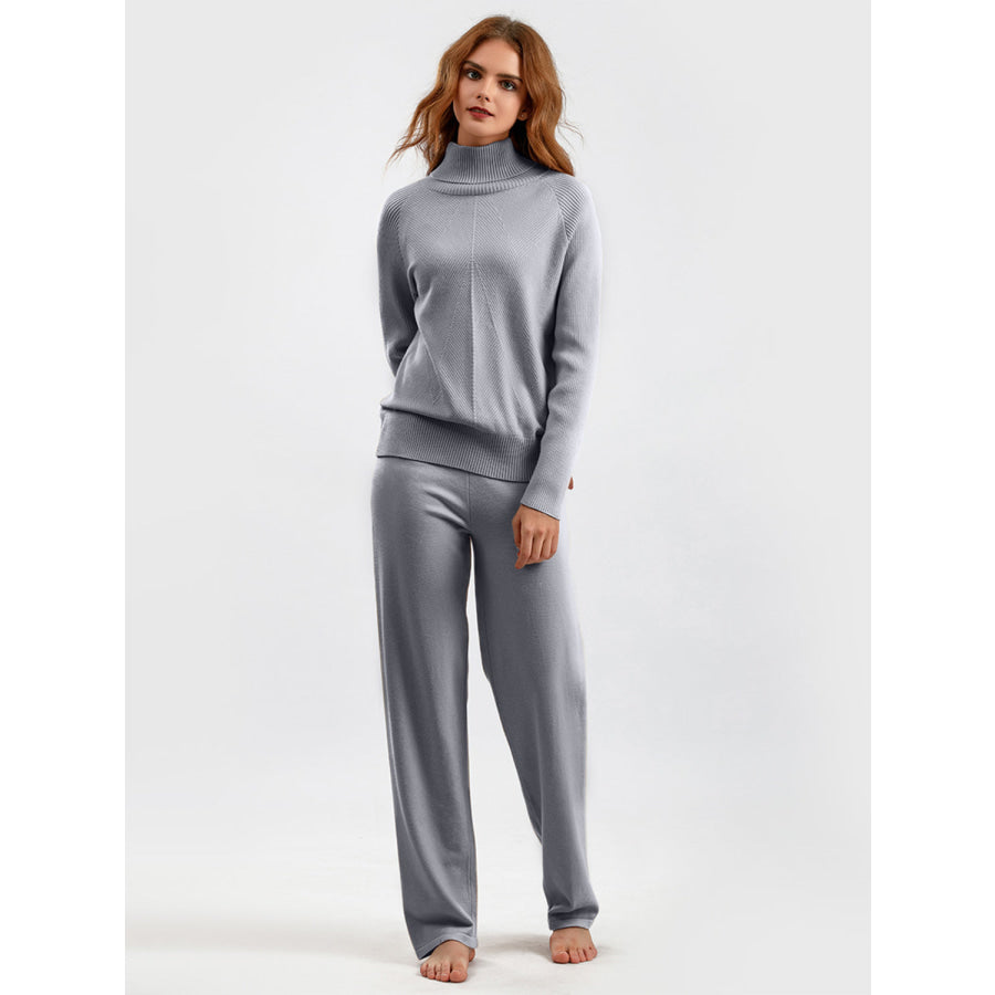 Basic Bae Turtleneck Raglan Sleeve Top and Pants Sweater Set Gray / One Size Apparel and Accessories