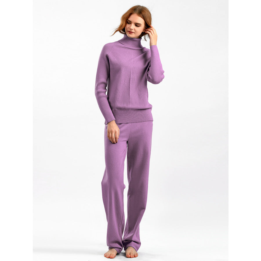 Basic Bae Turtleneck Raglan Sleeve Top and Pants Sweater Set Lilac / One Size Apparel and Accessories