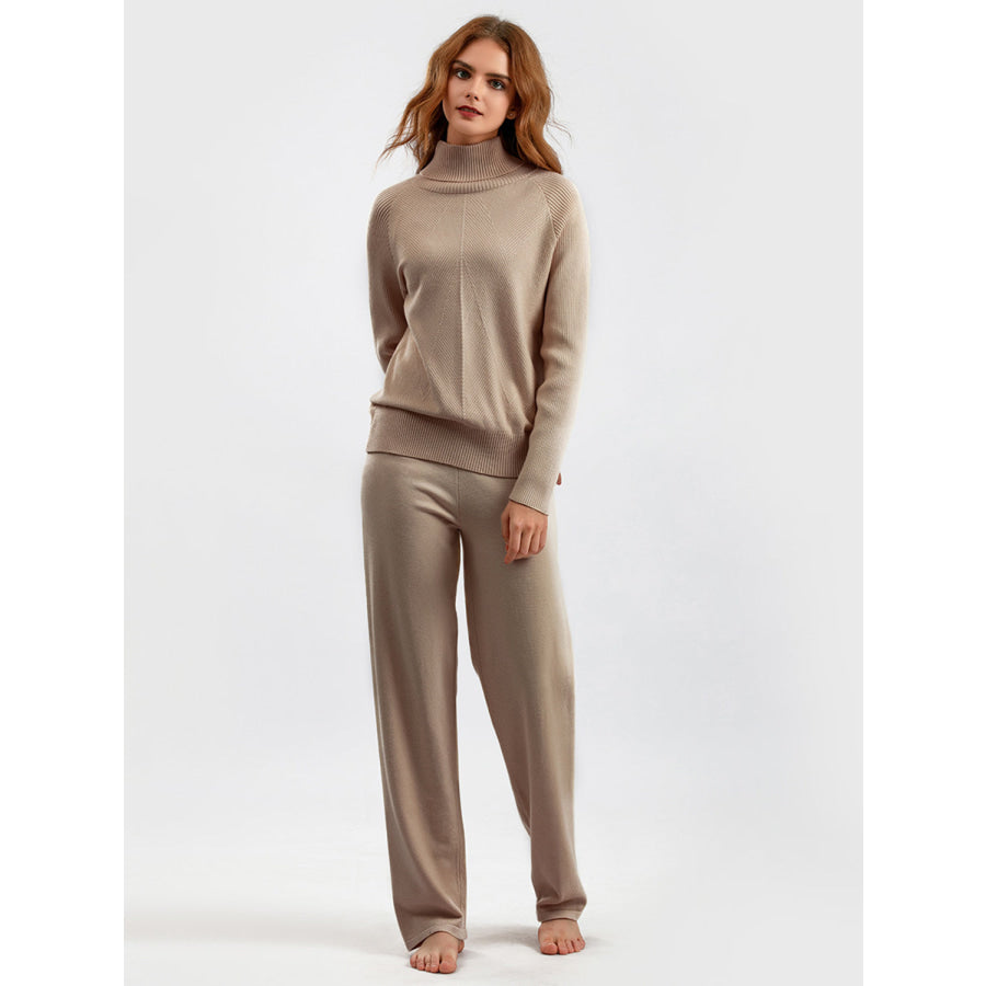 Basic Bae Turtleneck Raglan Sleeve Top and Pants Sweater Set Tan / One Size Apparel and Accessories