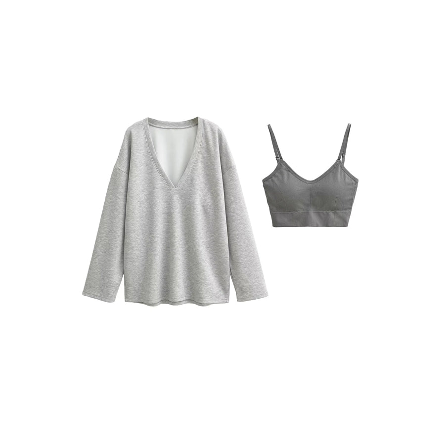 Basic Bae V-Neck Dropped Shoulder Long Sleeve Sweatshirt with Bra Light Gray / S Apparel and Accessories