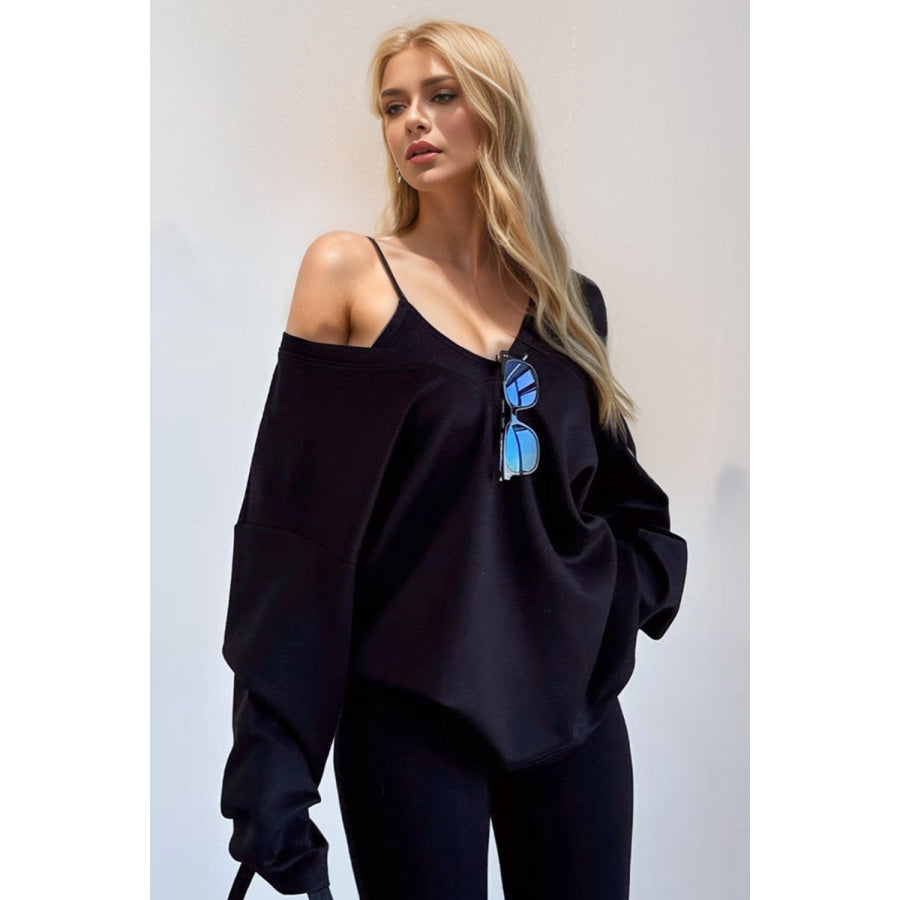 Basic Bae V-Neck Dropped Shoulder Long Sleeve Sweatshirt with Bra Black / S Apparel and Accessories