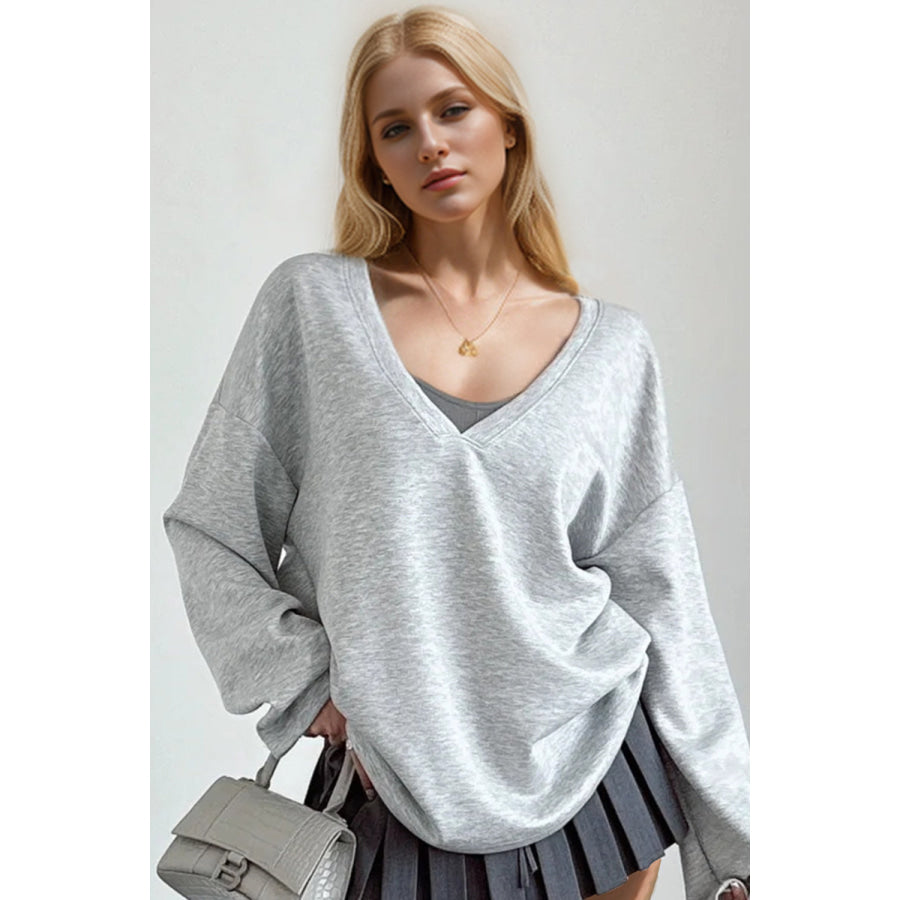 Basic Bae V-Neck Dropped Shoulder Long Sleeve Sweatshirt with Bra Light Gray / S Apparel and Accessories