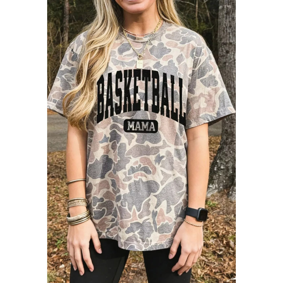 Basketball Mama Camo Print Relaxed Fit T-Shirt Mocha / S Apparel and Accessories