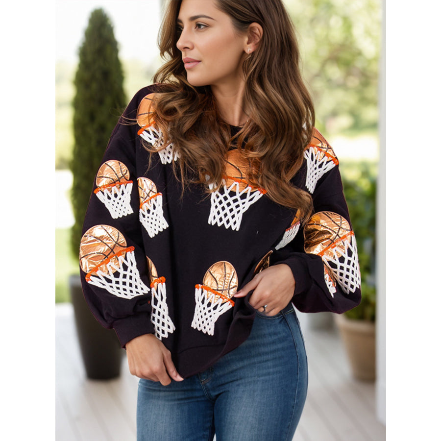 Basketball Round Neck Long Sleeve Sweatshirt Black / S Apparel and Accessories