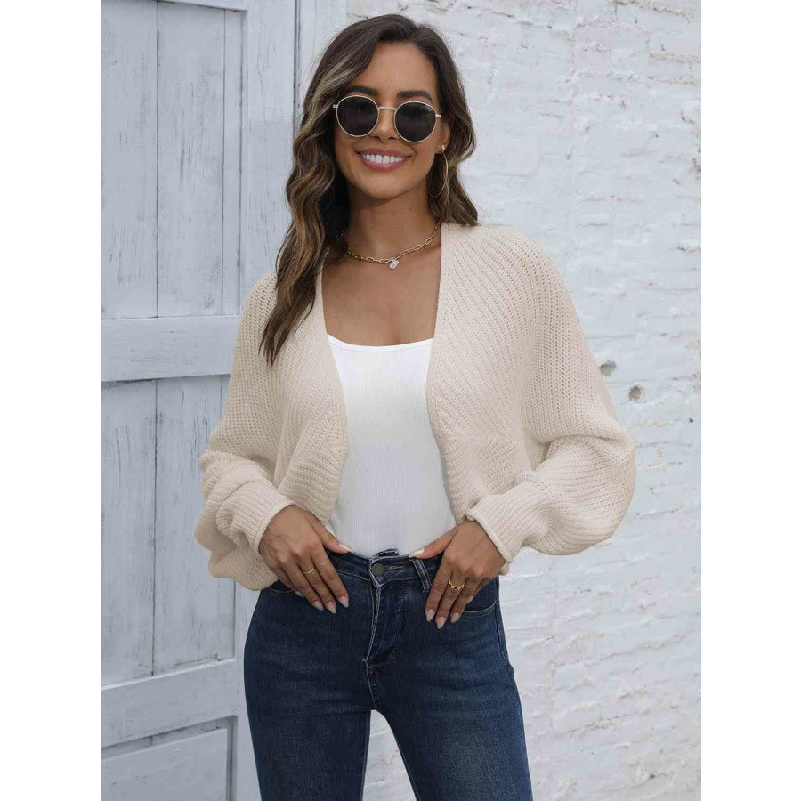 Bat Sleeve Open Front Short Cardigan Beige / S