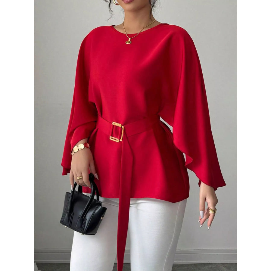 Batwing Sleeve Belted Blouse Apparel and Accessories