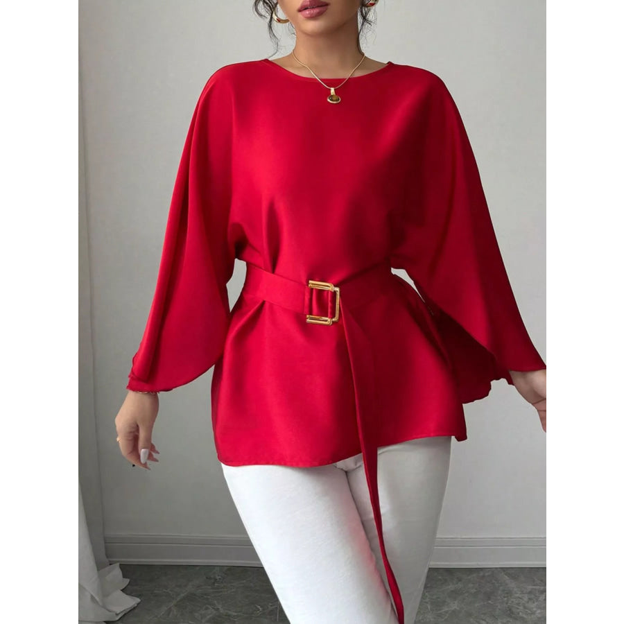 Batwing Sleeve Belted Blouse Apparel and Accessories