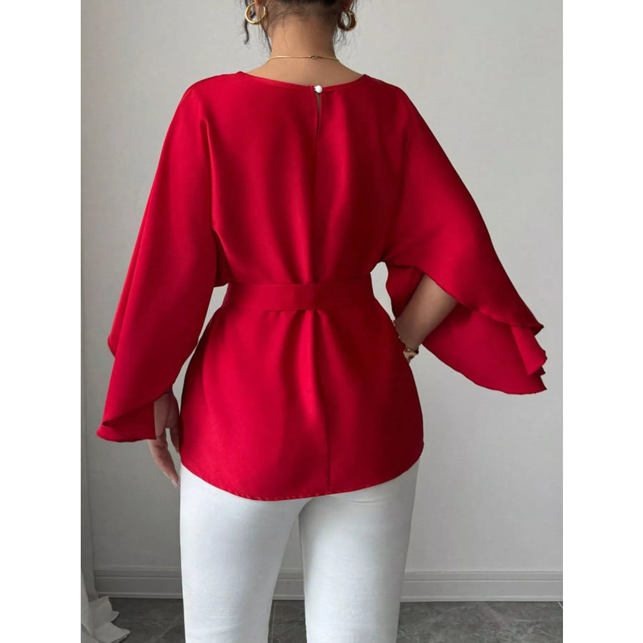 Batwing Sleeve Belted Blouse Apparel and Accessories