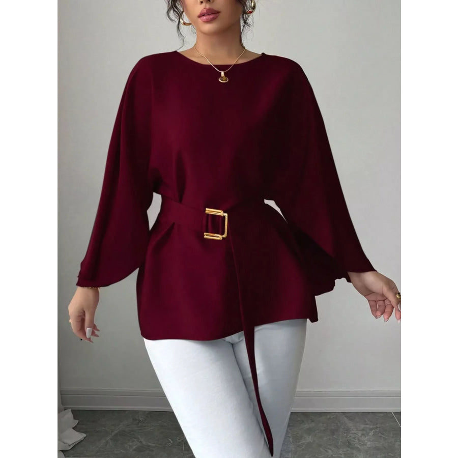Batwing Sleeve Belted Blouse Apparel and Accessories