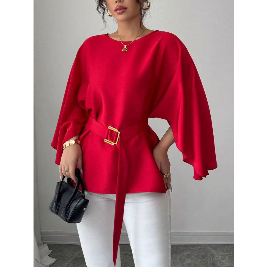 Batwing Sleeve Belted Blouse Apparel and Accessories
