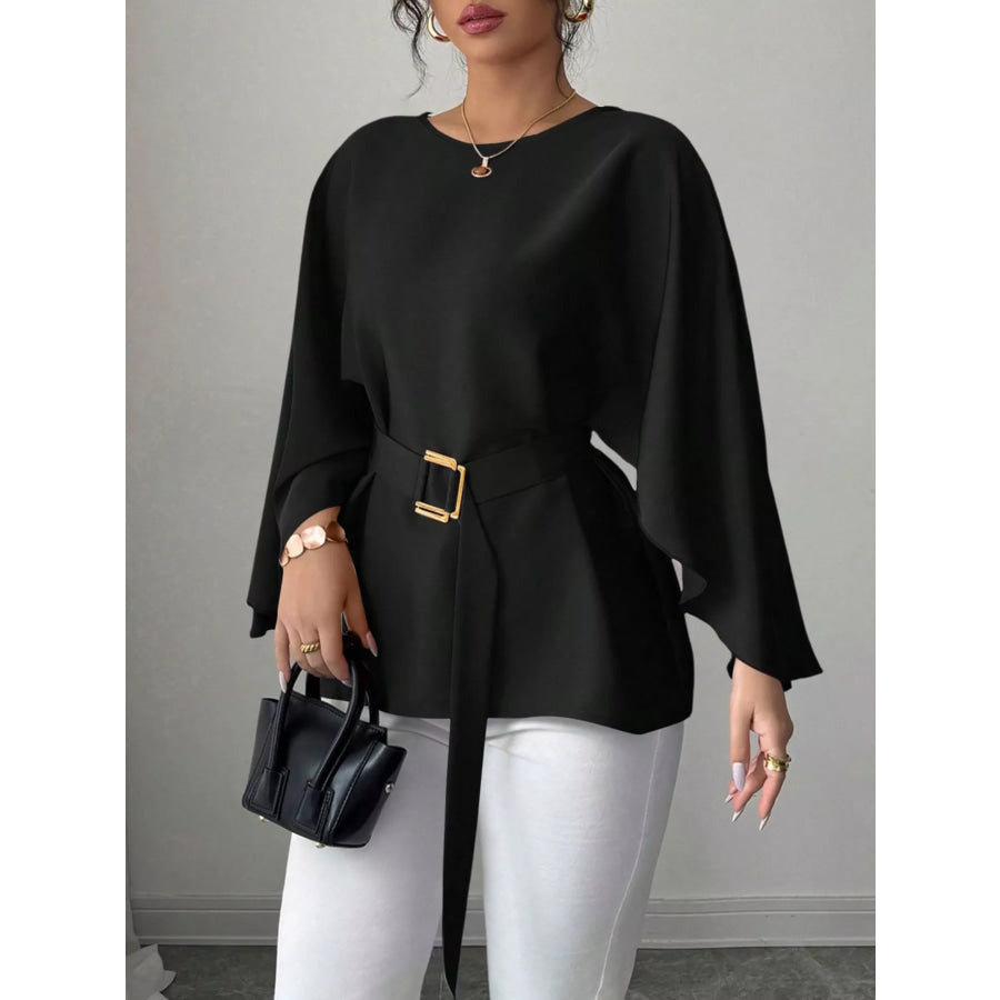 Batwing Sleeve Belted Blouse Black / S Apparel and Accessories