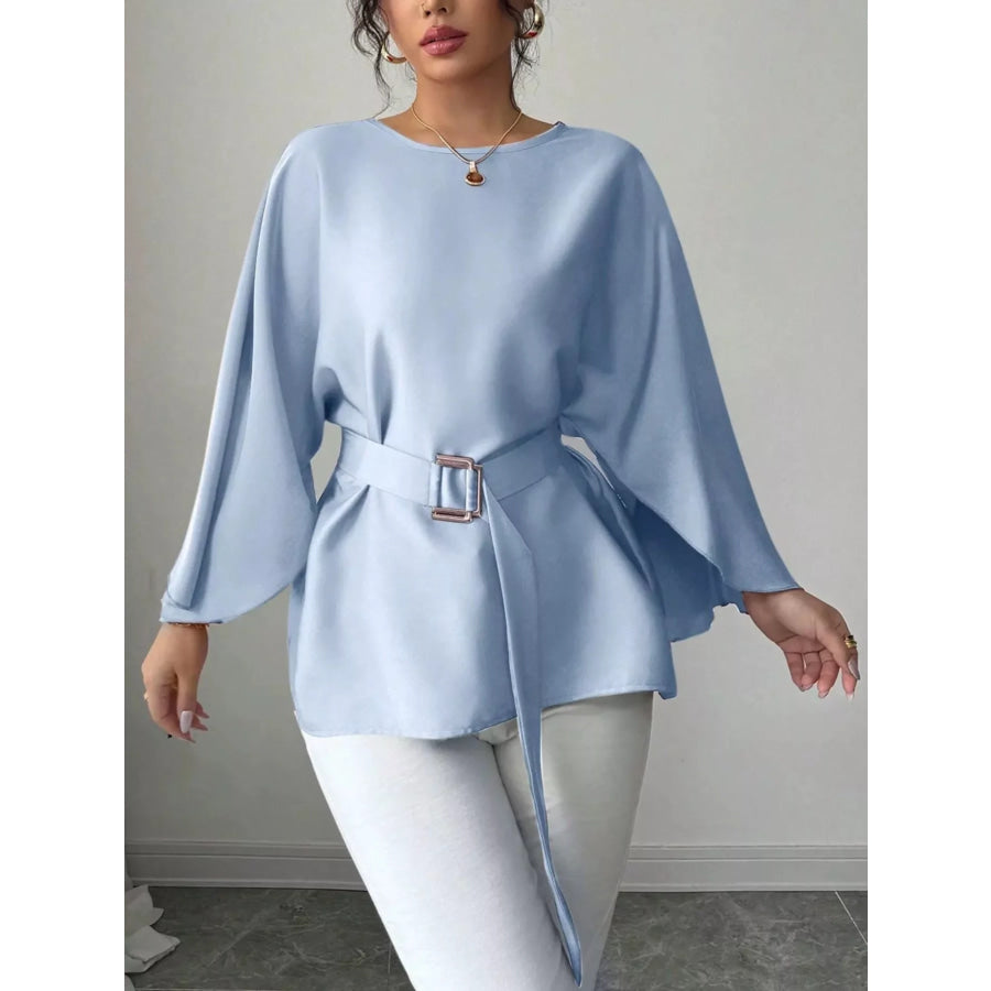 Batwing Sleeve Belted Blouse Light Blue / S Apparel and Accessories