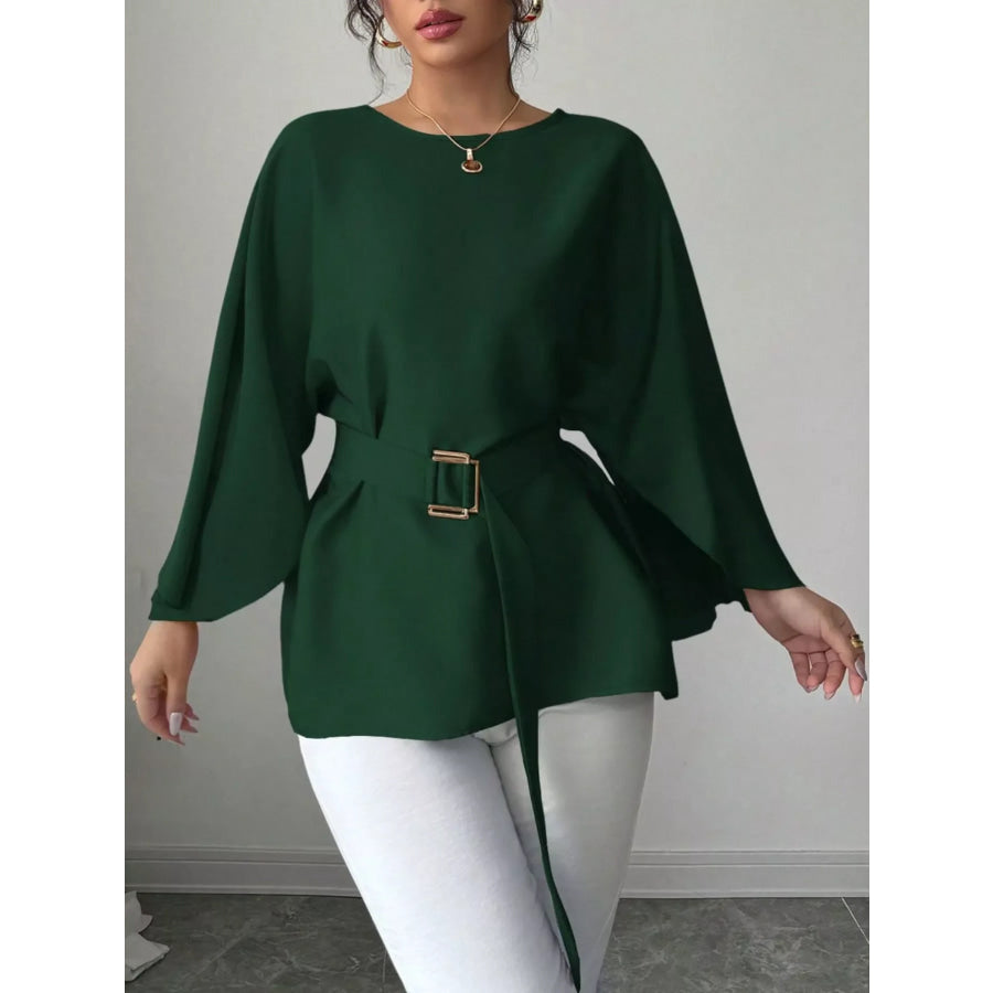 Batwing Sleeve Belted Blouse Olive Green / S Apparel and Accessories