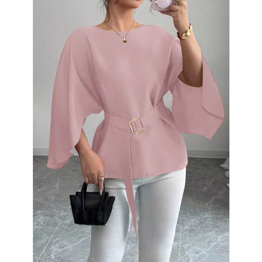 Batwing Sleeve Belted Blouse Pink / S Apparel and Accessories