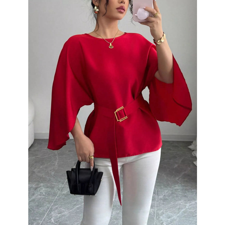 Batwing Sleeve Belted Blouse Red / S Apparel and Accessories