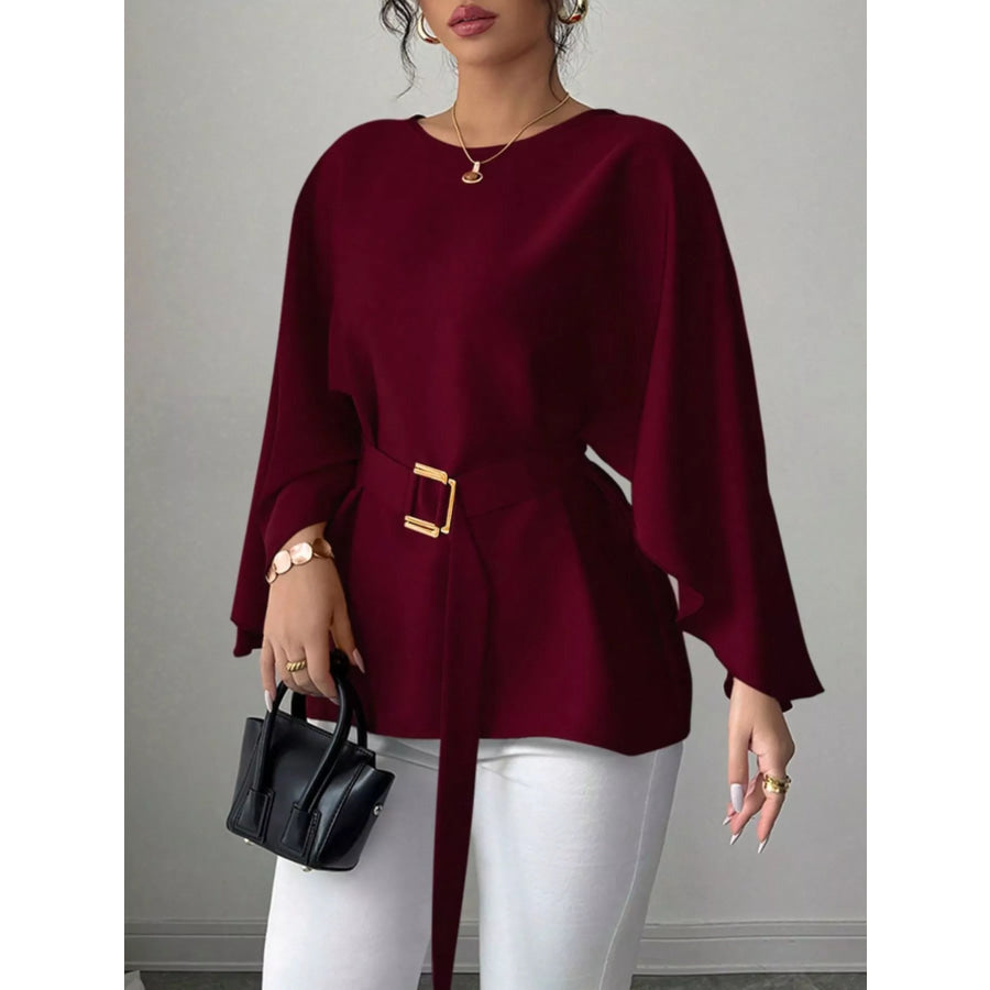 Batwing Sleeve Belted Blouse Wine Red / S Apparel and Accessories
