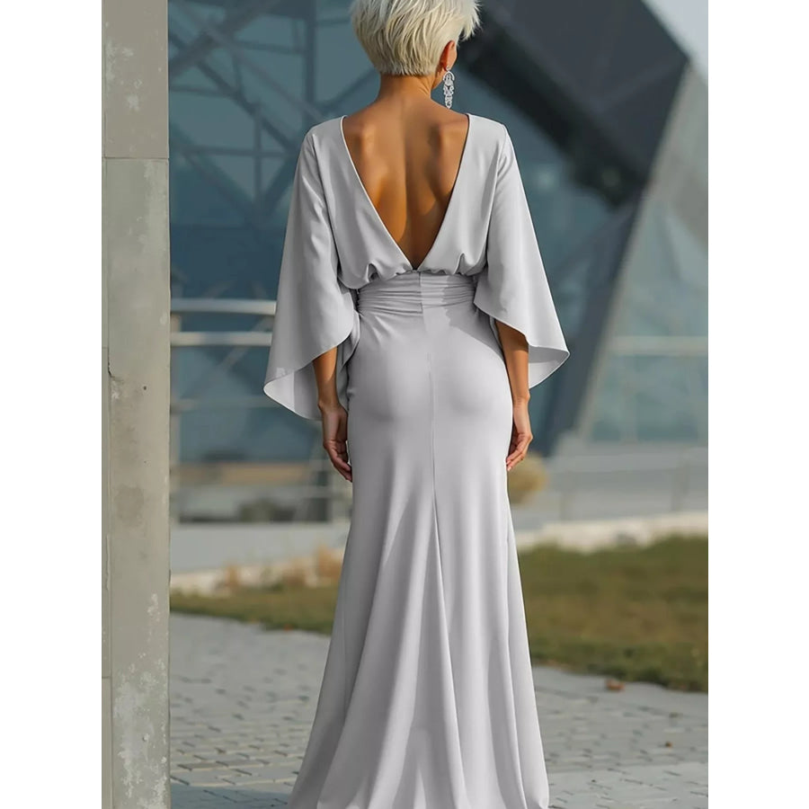 Batwing Sleeve Ruched Maxi Dress Silver / S Apparel and Accessories